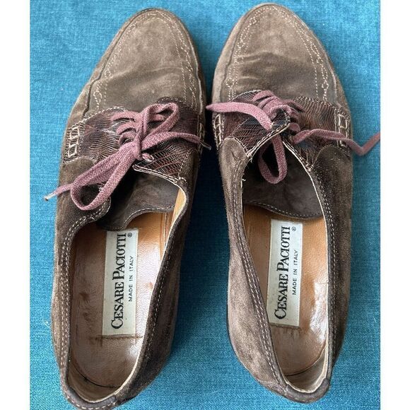 Cesare Paciotti 8.5US Shoes Suede Leather Lace Up  Embroidered Snake Skin Accent
